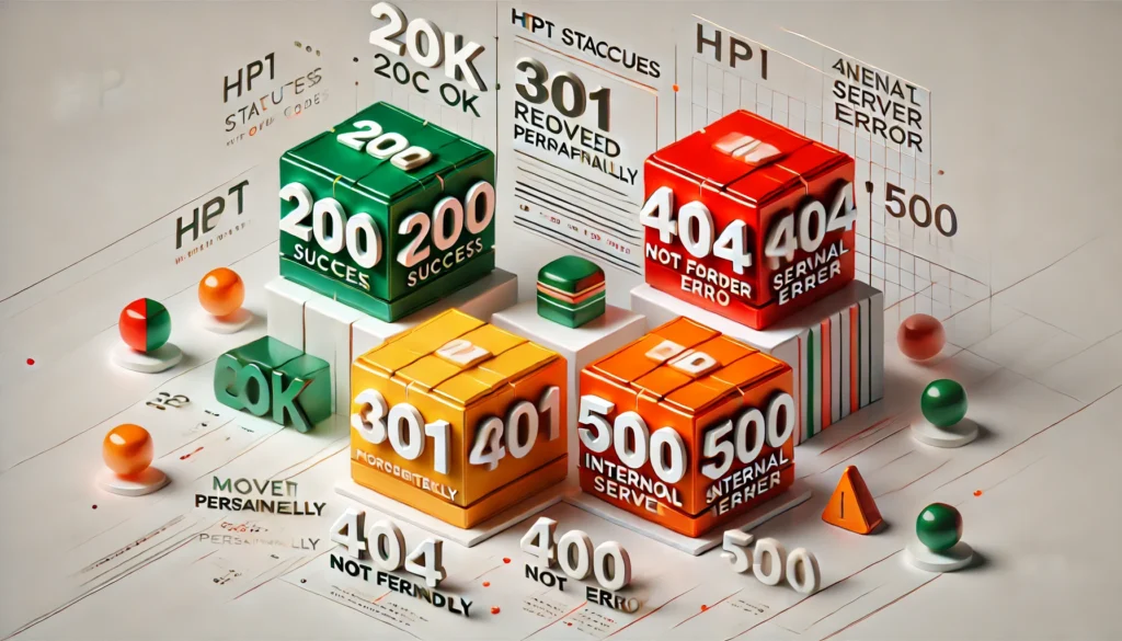 200, 301, 404, 500 Durum kodlarını içeren 3D görsel