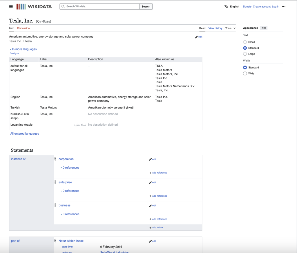 Tesla wikidata sayfası ekran görüntüsü