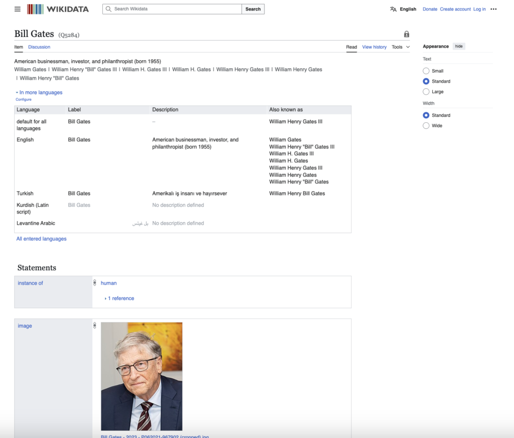 Bill gates wikidata sayfası ekran görüntüsü