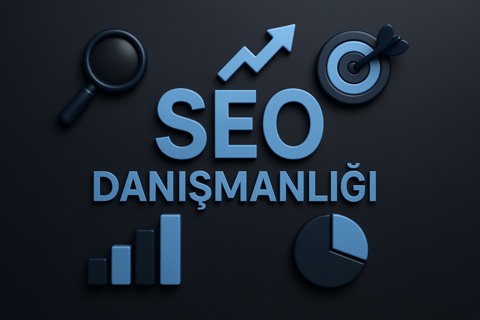 SEO Danışmanlığı yazan ve dijital pazarlama ve SEO ile ilgili 3D objeler barındıran görsel