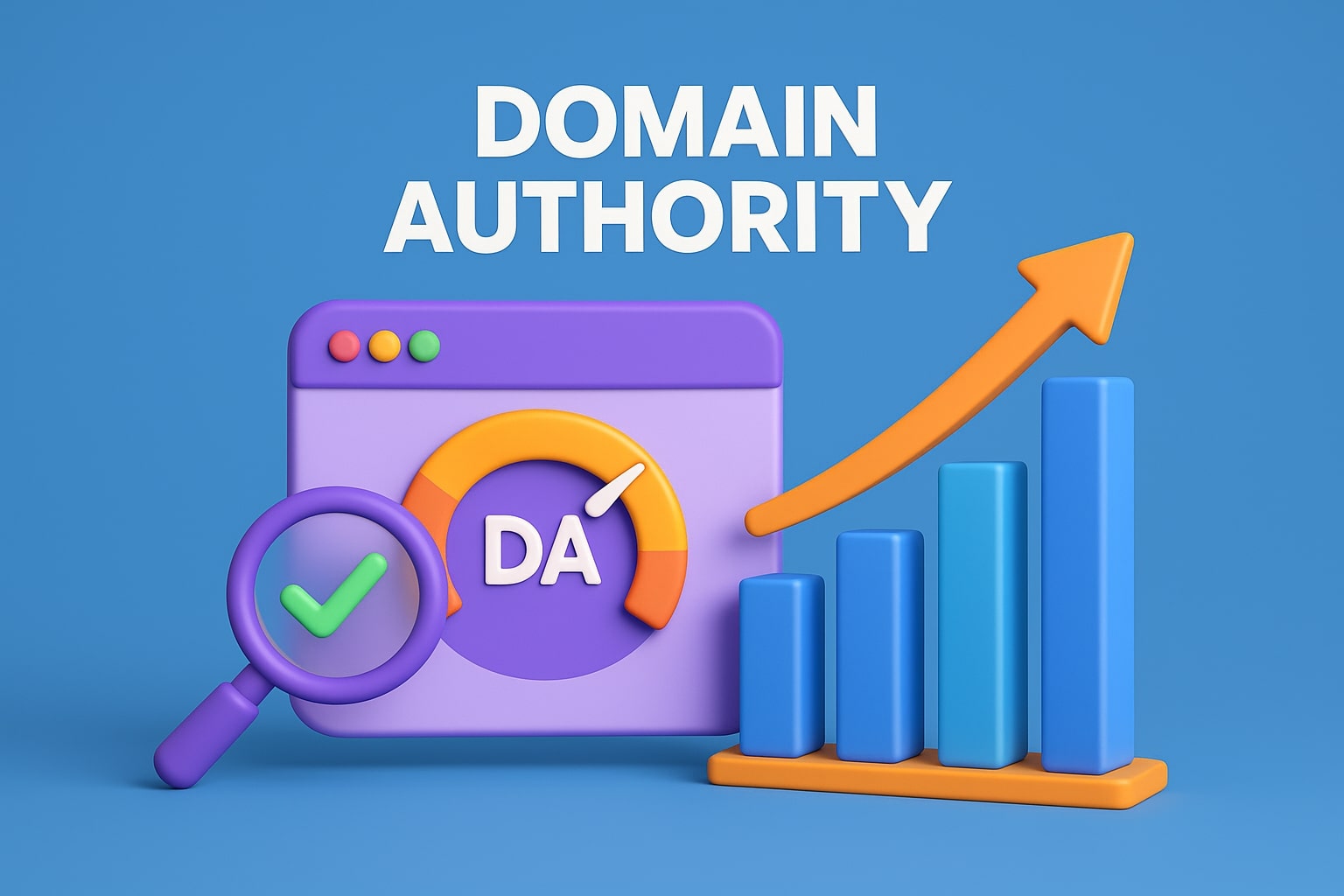 Domain otoritesi (DA) yazan web site ve yükseliş iconlarını barındıran 3D görsel
