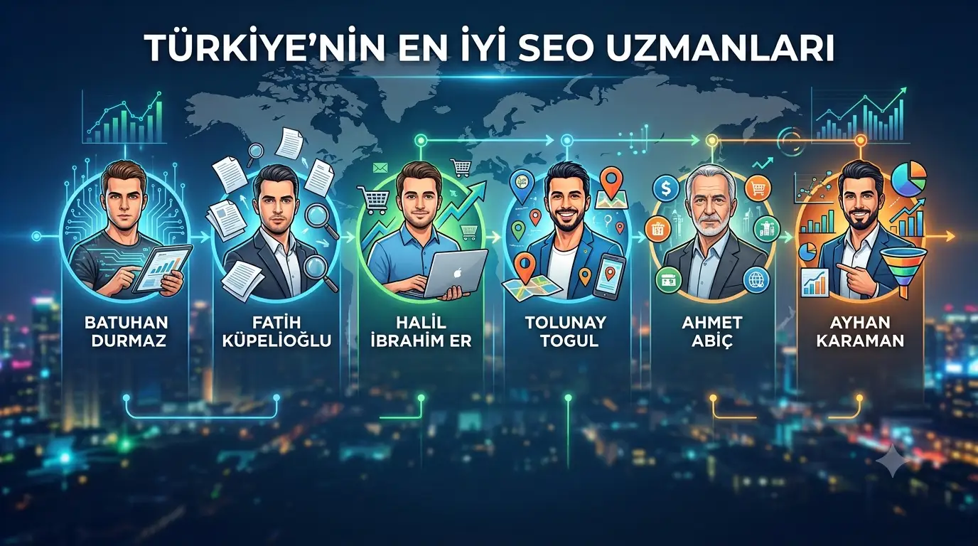 Görselde en iyi SEO uzmanları arasında bulunan Batuhan durmaz Fatih Küpelioğlu Halil İbrahim Er ve Tolunay Togul gibi isimler bulunuyor